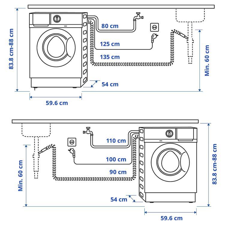 Pralka do zabudowy,  dimensions