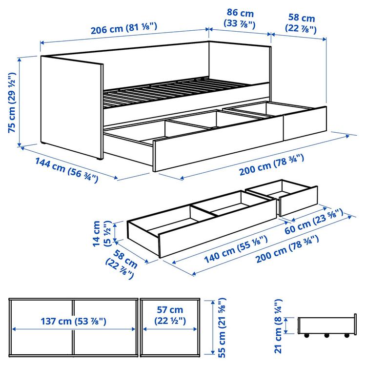 Каркас кушетки с контейнерами для хранения, 80x200 см dimensions