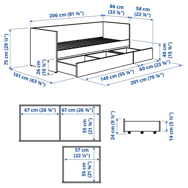 Каркас кушетки с контейнерами для хранения, 80x200 см dimensions