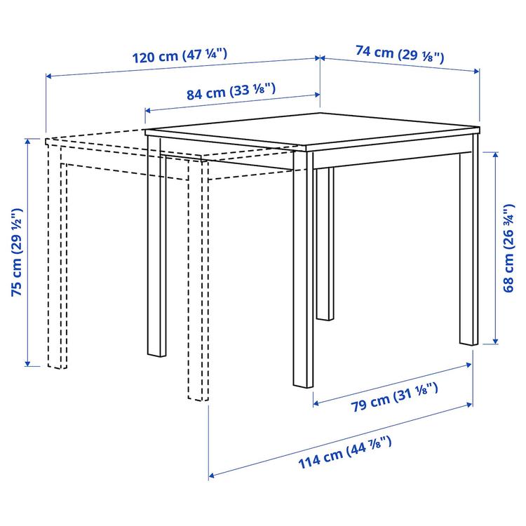 раздвижной стол, белый, 84/120x74 см dimensions
