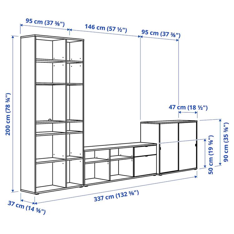 комбинация для хранения/под ТВ, белый, 337x47x200 см dimensions