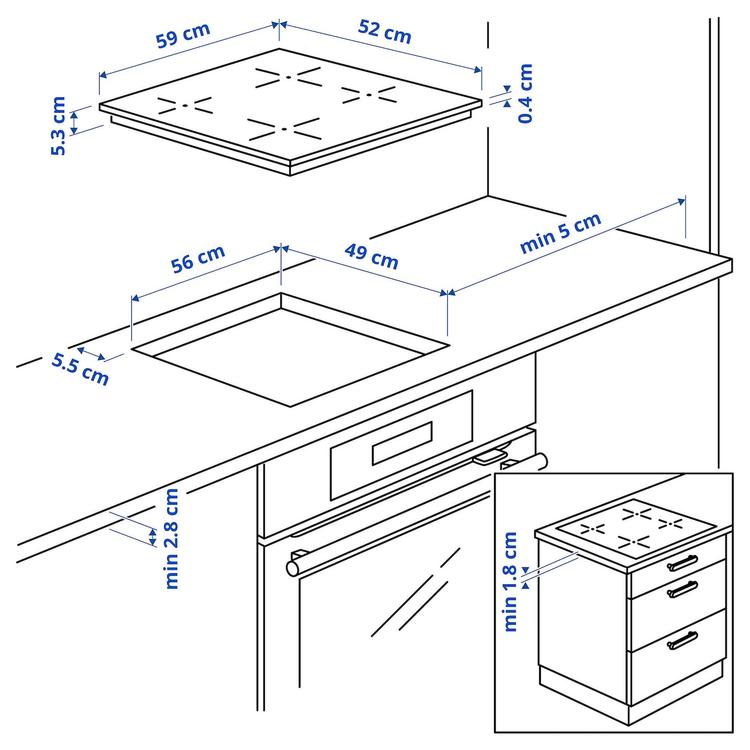 индукц варочн панель, ИКЕА 300 черный, 59 см dimensions