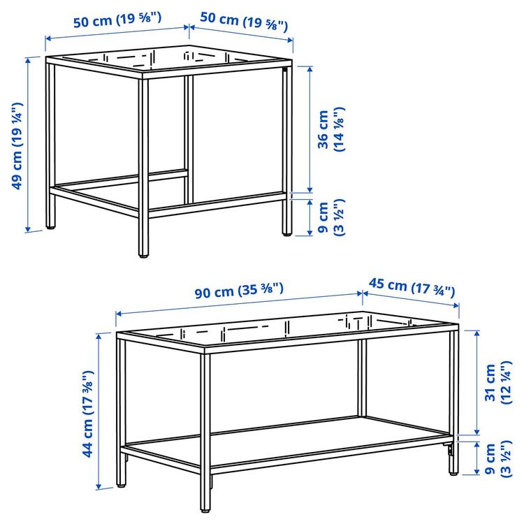 комплект столов, 2 шт, черно-коричневый/стекло, 90x50 см dimensions