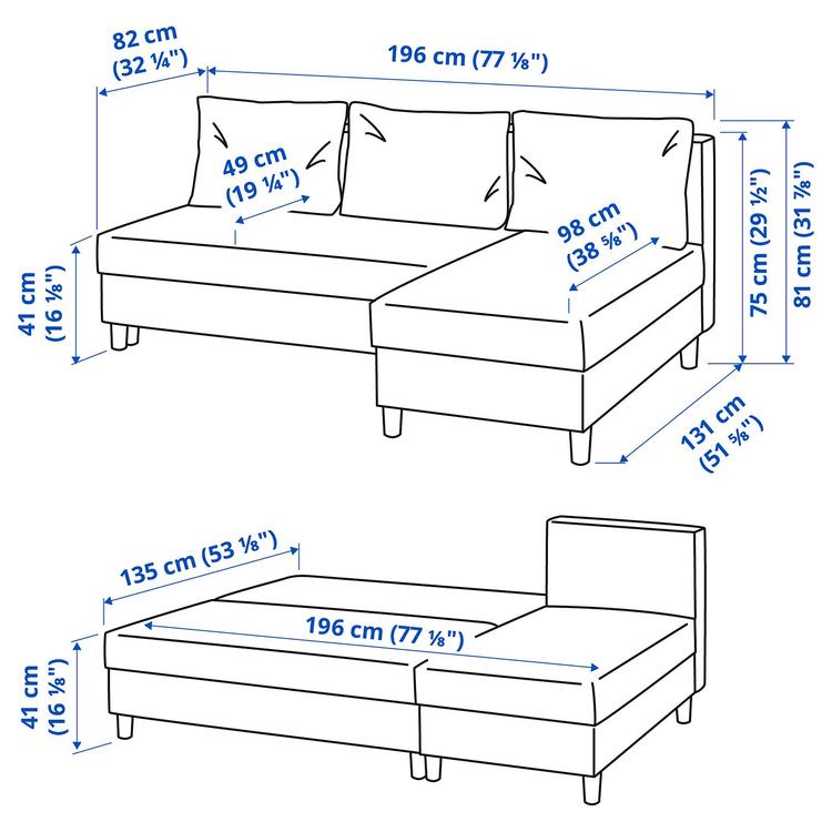 3-местный диван-кровать с козеткой, Knisa темно-серый dimensions