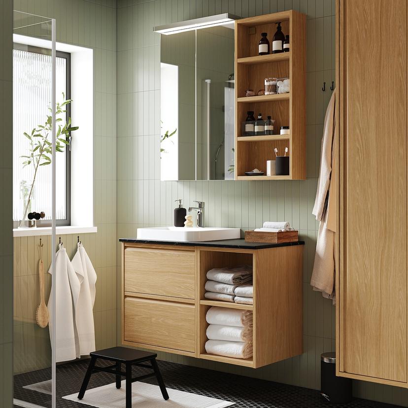 ÄNGSJÖN / BACKSJÖN — Тумба под умывальник/умывальник/смеситель, имитация дуба/имитация черного мрамора