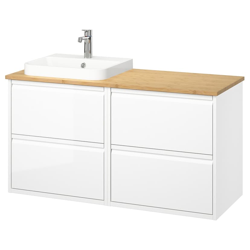ÄNGSJÖN / BACKSJÖN — Szafka pod umyw/umywalka/bateria, połysk biały/bambus,