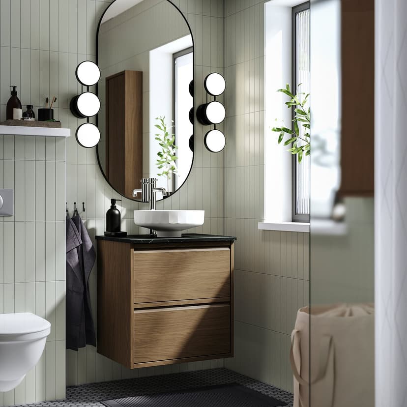 ÄNGSJÖN / LERSJÖN — Umywalka i szafka z szufladami, brązowy imit. dębu/czarny imitacja marmuru,