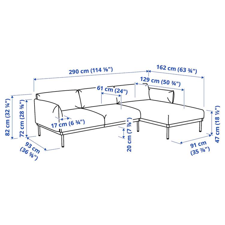 3-местный диван с козеткой, Gunnared черный/серый dimensions