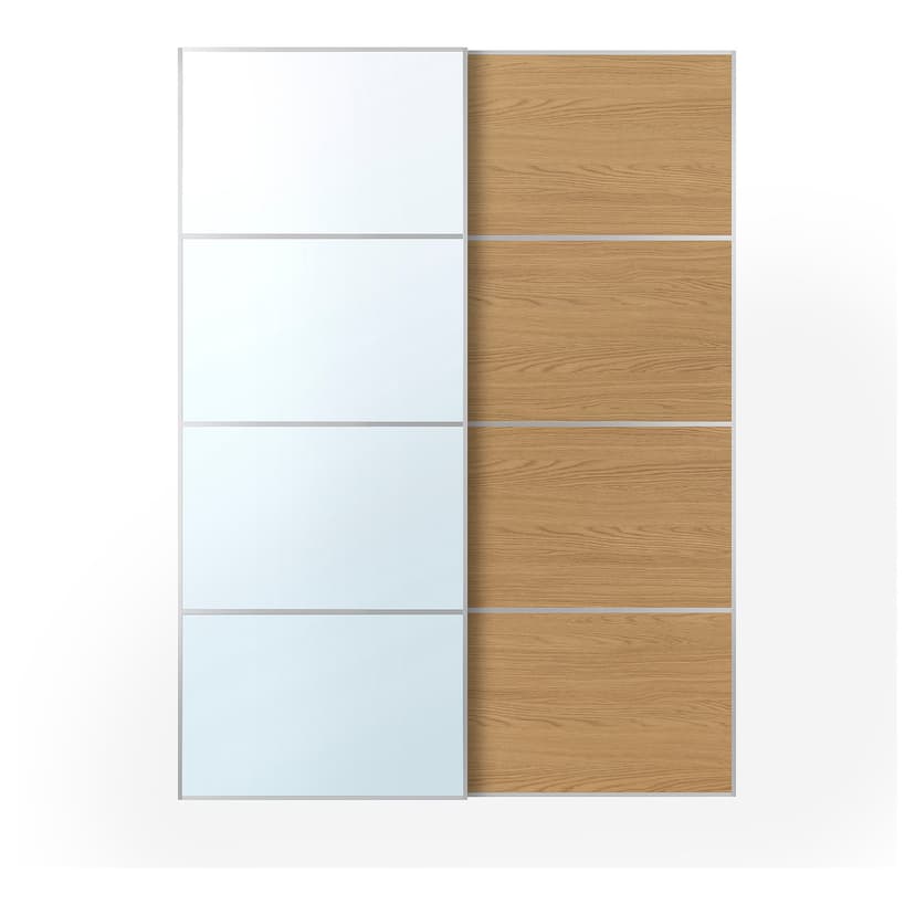 AULI / MEHAMN — пара раздвижных дверей, алюминий зеркальное стекло/двусторонний под дуб, 150x201 см