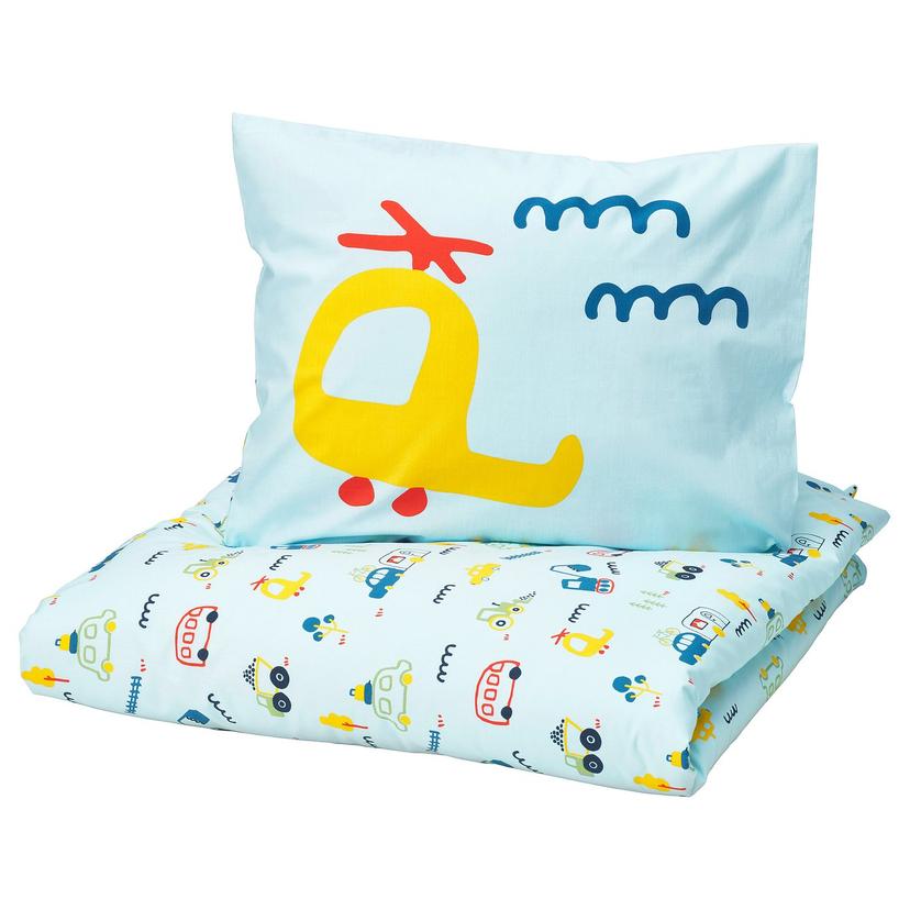BARNDRÖM — Poszwa na kołdrę i poszewka, niebieski/wzór w pojazdy,