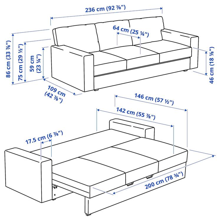 3-местный диван-кровать, Tibbleby светлый серо-бирюзовый dimensions