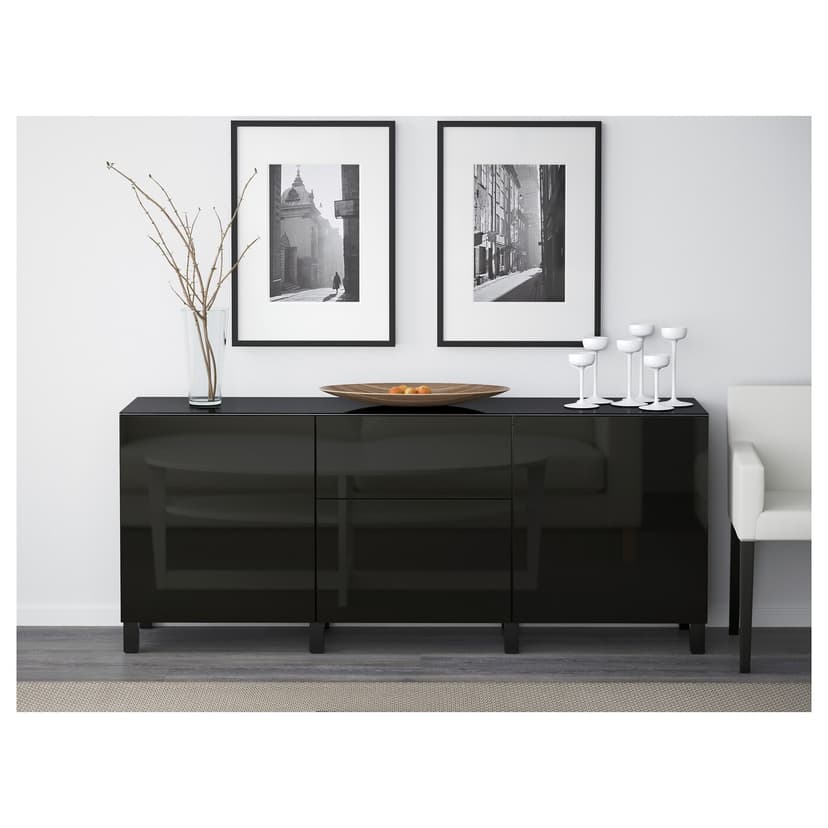 BESTÅ — Полка с дверцами и ящиками, черно-коричневый/глянцевый Selsviken/черный