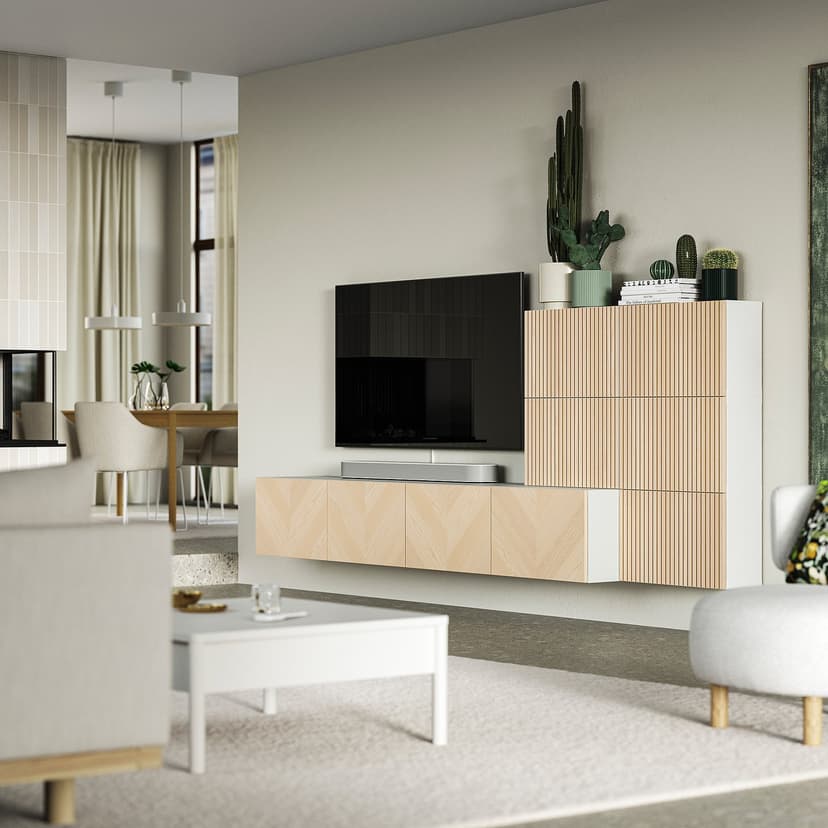BESTÅ — Szafka na TV,hifi, biały Björköviken/Hedeviken okleina jesionowa,