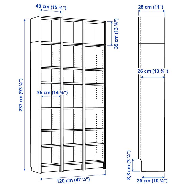 стеллаж с дополнительными модулями, под дуб, 120x28x237 см dimensions