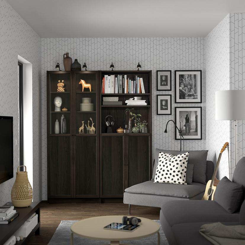 BILLY / OXBERG — Regał para drzw panelowych/szklan, ciemnobrązowy imit. dębu/szkło bezbarwne,