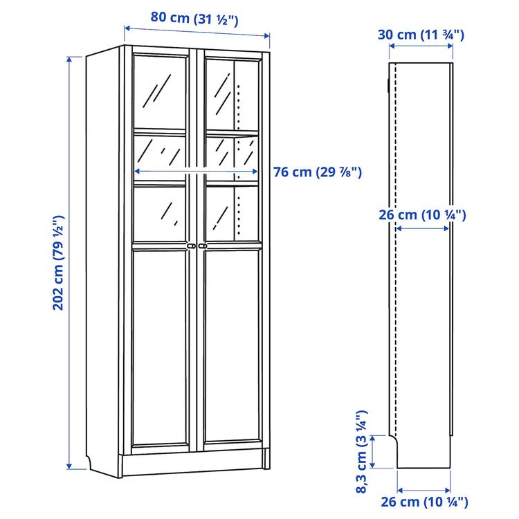 стеллаж/панельные/стеклянные двери, черный под дуб, 80x30x202 см dimensions