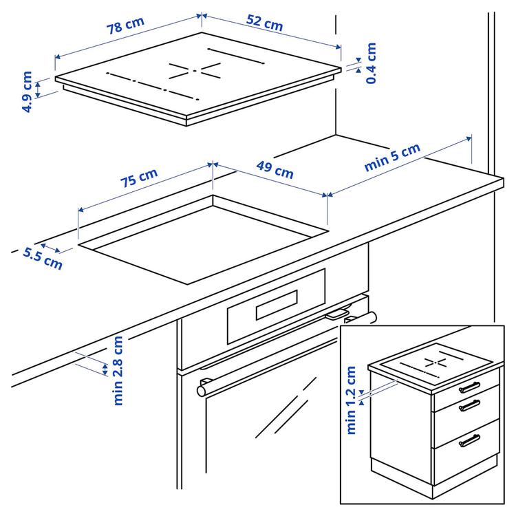 индукц варочн панель, ИКЕА 700 черный, 78 см dimensions