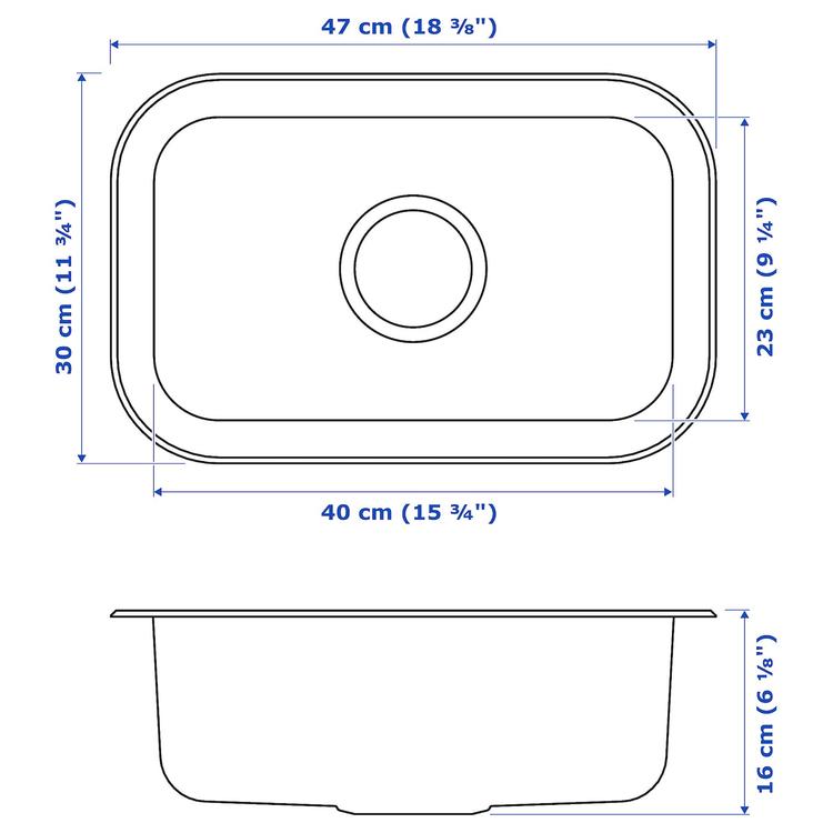 одинарная врезная мойка, нержавеющ сталь, 47x30 см dimensions