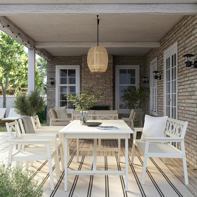 BONDHOLMEN — Стол + 3 стула с подлокотниками + скамейка, садовый, белый/бежевый