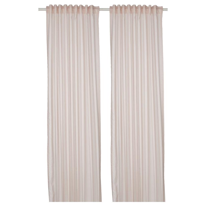 BYMOTT — Шторы, 2 шт., бело-бежевые в полоску/с декоративной тесьмой.