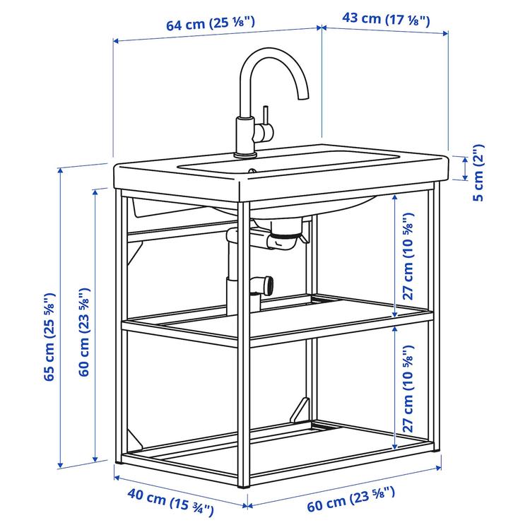 открытый шкаф под раковину/2 полки, антрацит, 64x43x65 см dimensions