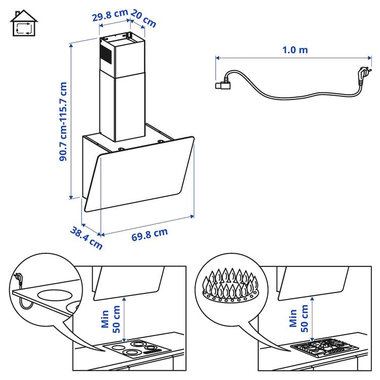вытяжка кухонная стен креп (колпак), черный, 70 см dimensions