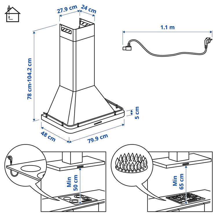 вытяжка кухонная стен креп (колпак), нержавеющая сталь, 80 см dimensions