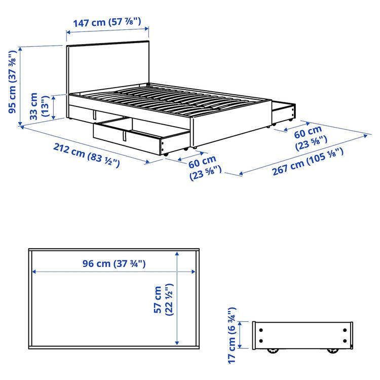 кровать с обивкой,4 кроватных ящика, 140x200 см dimensions