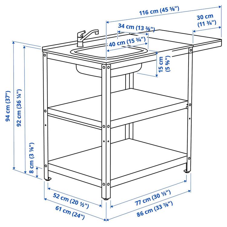 модуль для мойки со столиком, нержавеющ сталь/для сада, 93/116x61 см dimensions