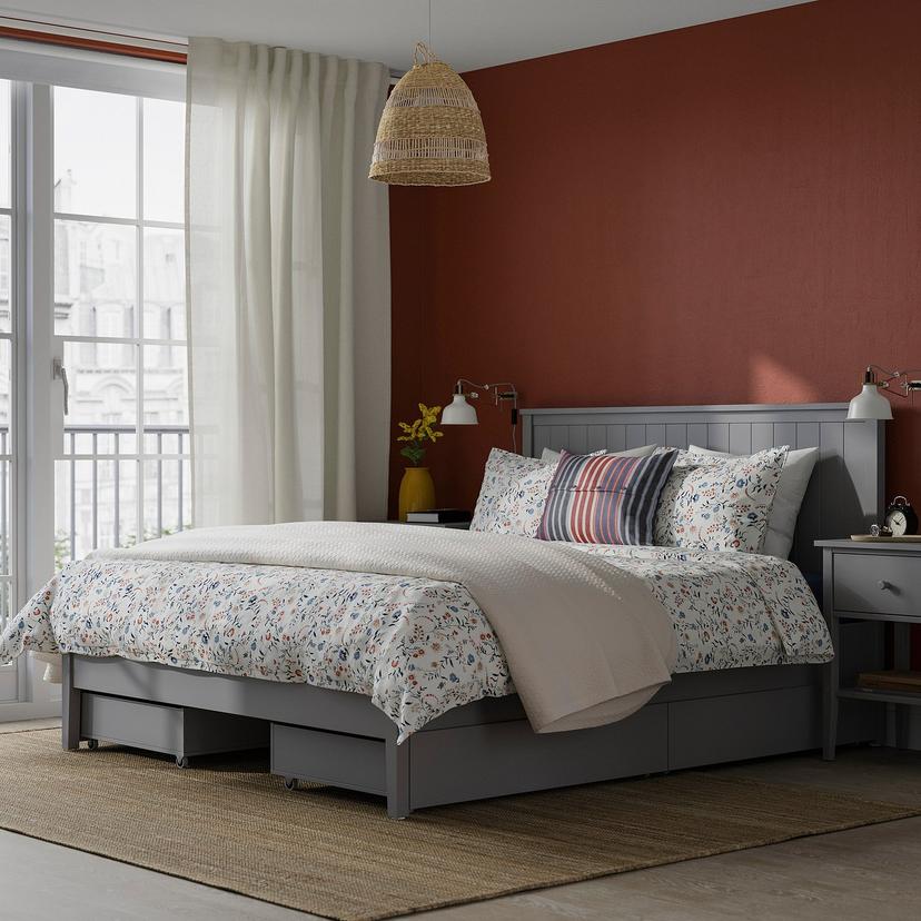 GULLABERG — Rama łóżka z 4 pojemnikami, szary/Luröy,