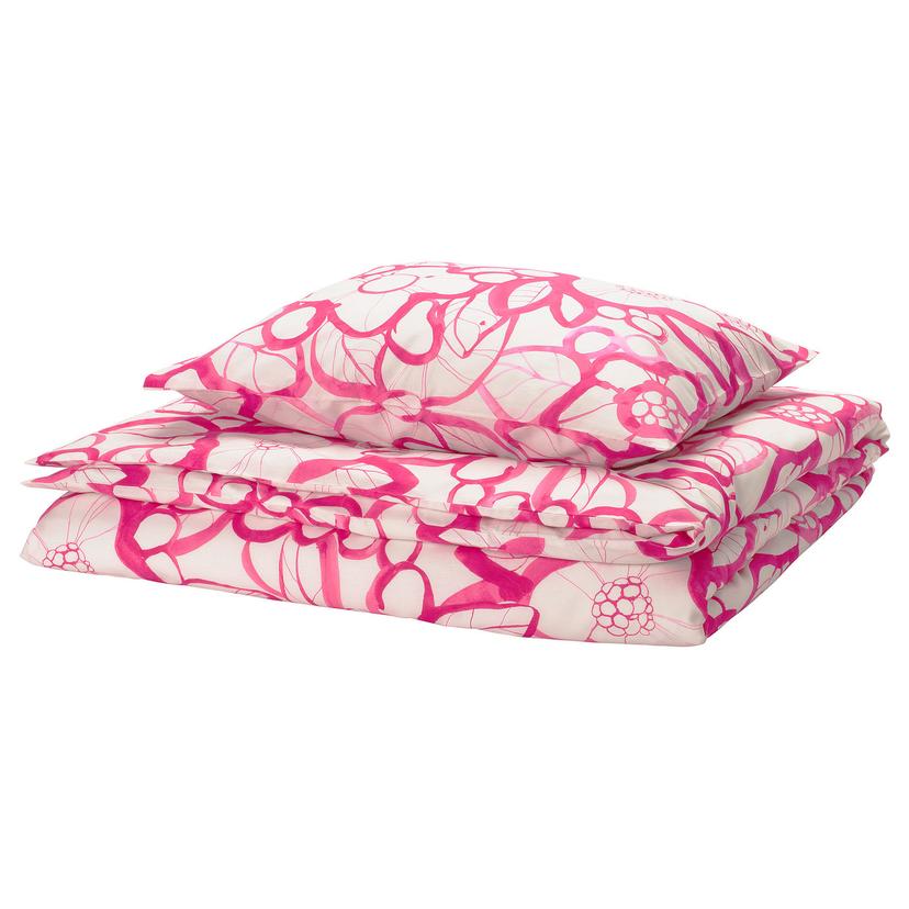 HÄRLIR — Poszwa na kołdrę i poszewka, biały jaskraworóżowy/wzór kwiatowy,