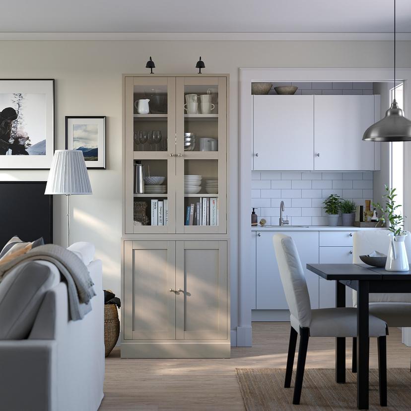 HAVSTA — комбинация для хранения с сткл двр, серо-бежевый, 81x47x212 см