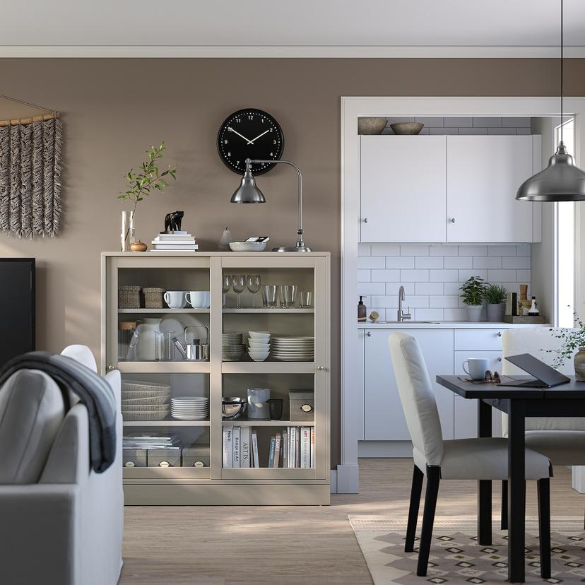 HAVSTA — шкаф-витрина с цоколем, серо-бежевый/прозрачное стекло, 121x37x134 см