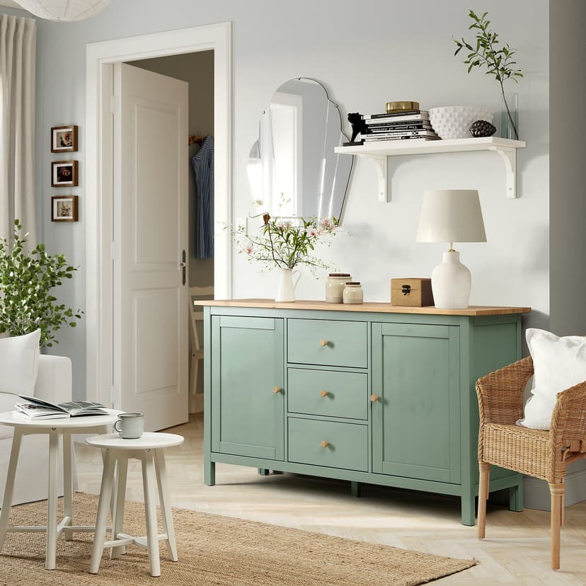 HEMNES — Kredens, szarozielony/bejca jasnobrązowa,