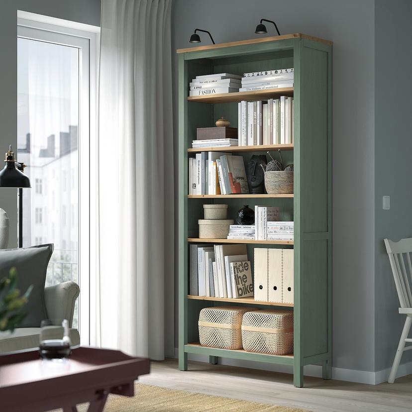 HEMNES — стеллаж, серо-зеленый/светло-коричневая морилка, 90x197 см