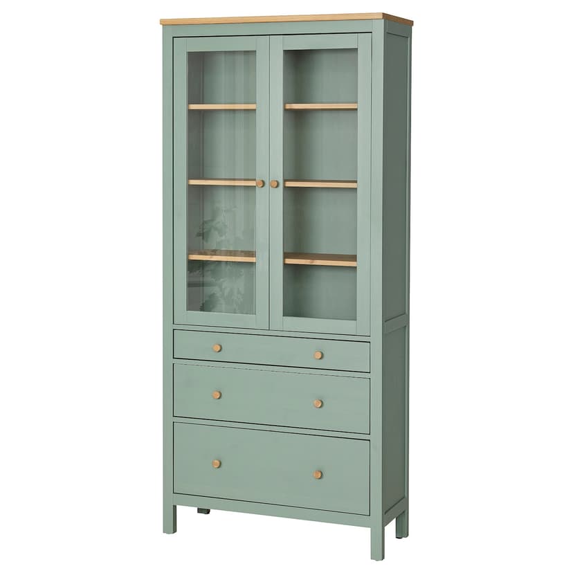 HEMNES — шкаф-витрина с 3 ящиками, серо-зеленый/светло-коричневая морилка, 90x197 см