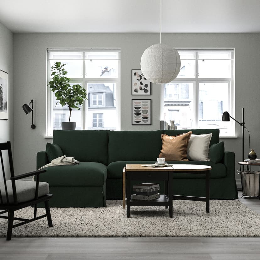 HYLTARP — Sofa 3o z szezlongiem, lewy, Tallmyra ciemnozielony,