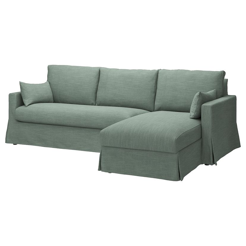 HYLTARP — Sofa 3o z szezlongiem, prawy, Hemmesta szarozielony,