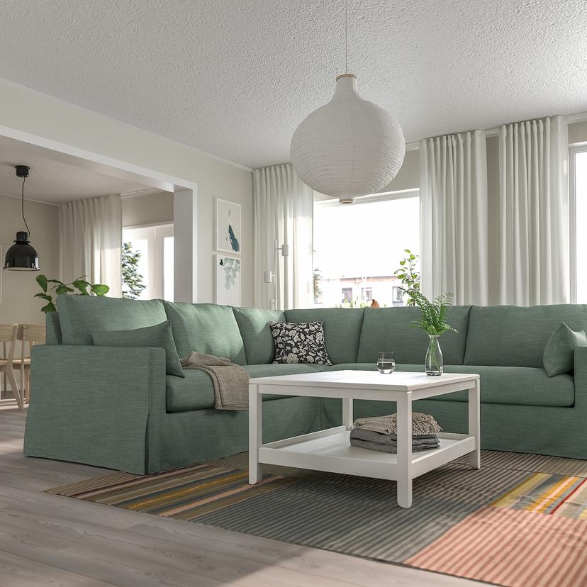 HYLTARP — Sofa narożna 4-osobowa, Hemmesta szarozielony,