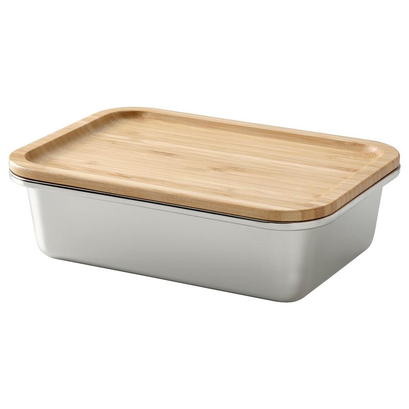 IKEA 365+ — контейнер для продуктов с крышкой, прямоугольн формы нержавеющ сталь/бамбук, 1.0 л