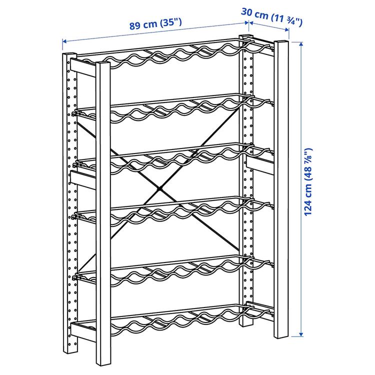1 секция/полки д/бутылок, сосна/серый, 89x30x124 см dimensions