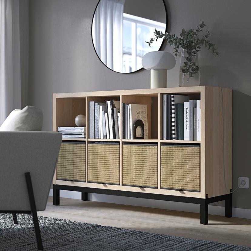 KALLAX — стеллаж с основанием, под беленый дуб/черный, 147x94 см