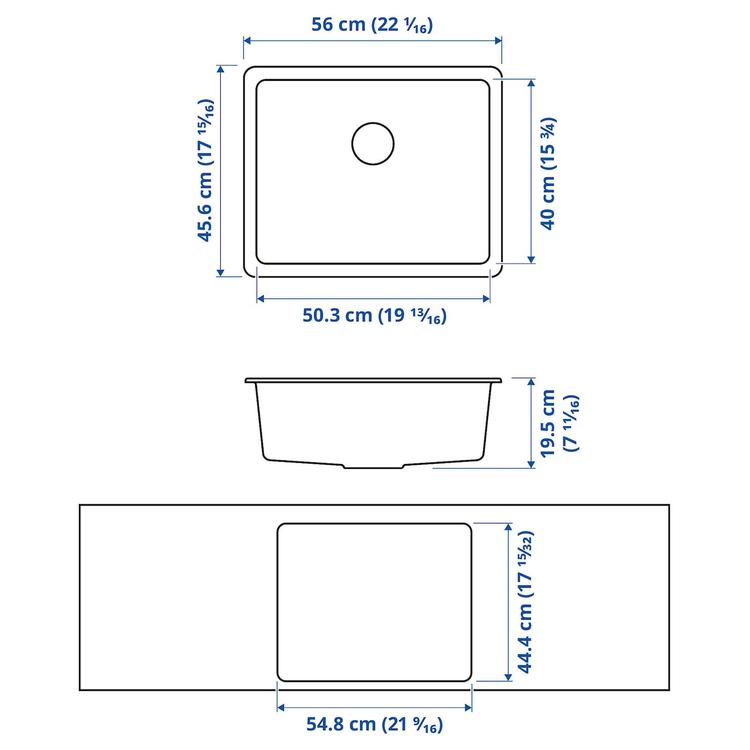 одинарная врезная мойка, черный кварцевый композит, 56x46 см dimensions