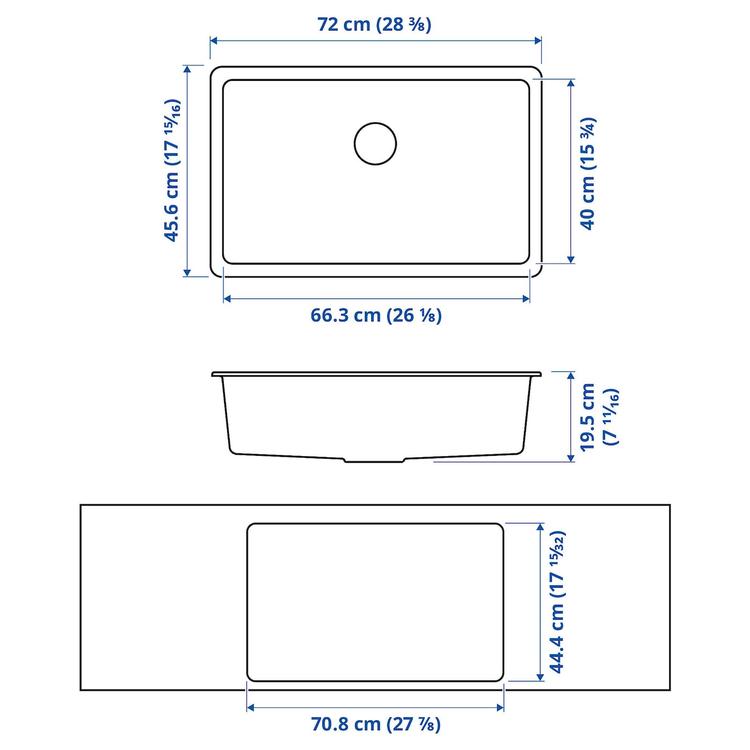 одинарная врезная мойка, черный кварцевый композит, 72x46 см dimensions