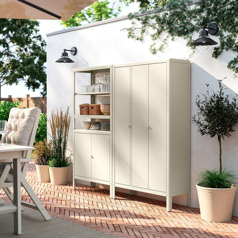 KOLBJÖRN — Regał z 2 szafkami, beżowy/na zewnątrz do wnętrz,