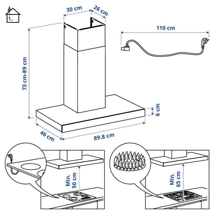 вытяжка кухонная стен креп (колпак), нержавеющая сталь/стекло, 90 см dimensions