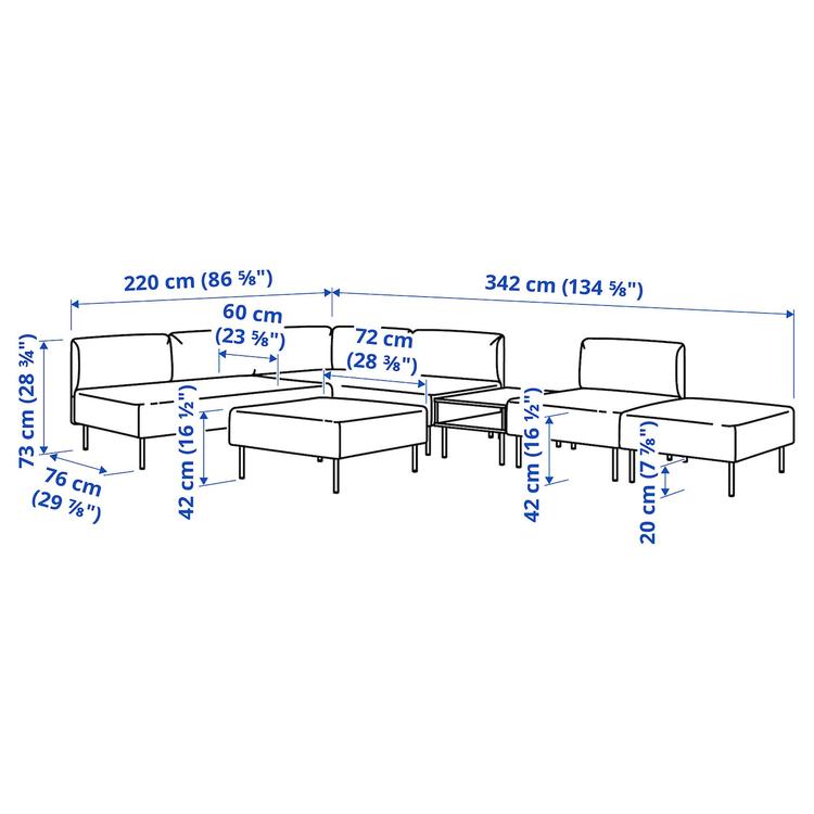 6-местный модульный диван+столик, Vissle/бежевый дерево dimensions