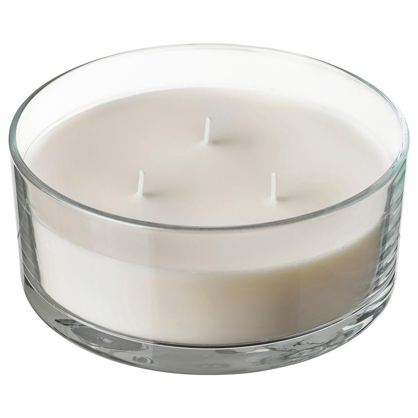 LOTSFÅGEL — Świeca zapachowa w szkle/3 knoty, wanilia blady beżowy,