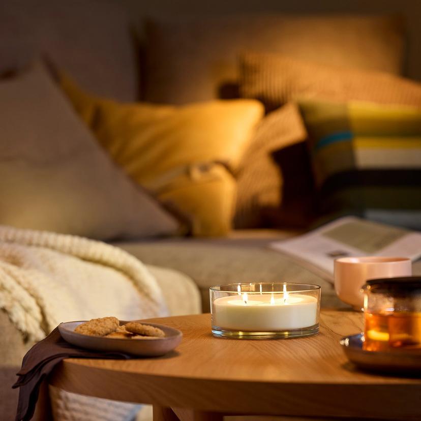 LOTSFÅGEL — Świeca zapachowa w szkle/3 knoty, wanilia blady beżowy,