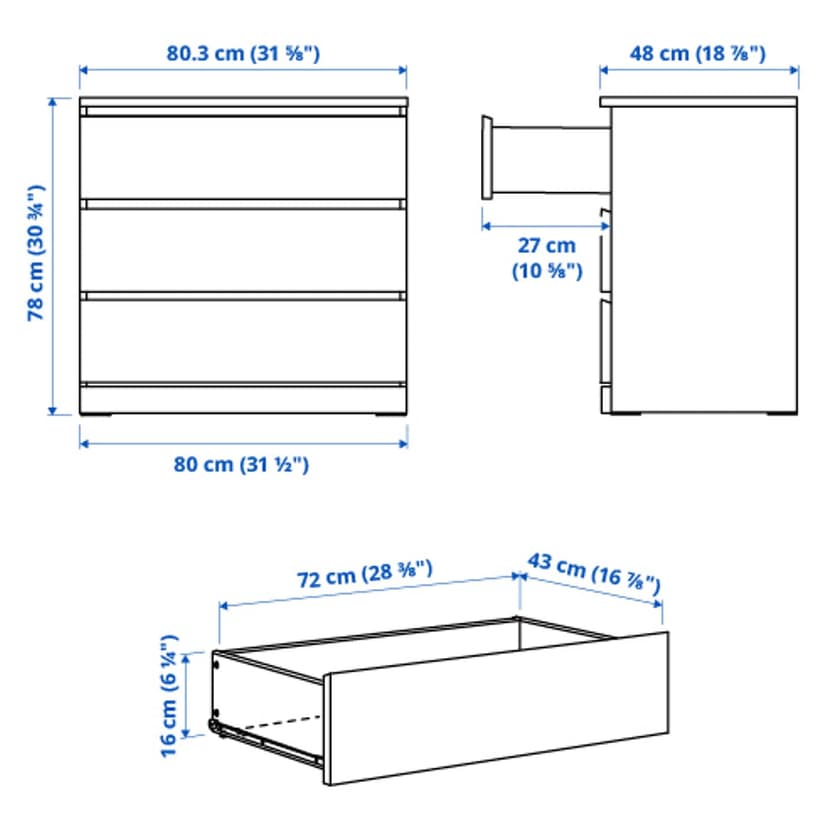 MALM — комод с 3 ящиками, глянцевый белый, 80x78 см